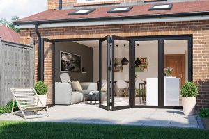 Open black aluminium bifold door