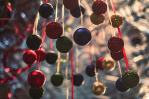 baubles hanging on ribbon