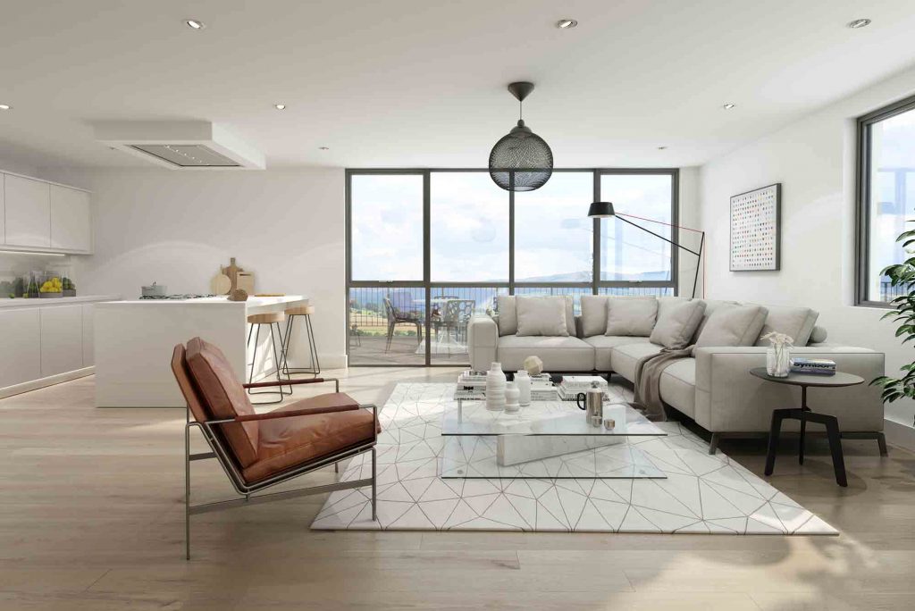 interior shot of elegant living room with large black aluminium windows