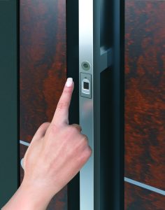 illustration of finger unlockind door with fingerprint sensor