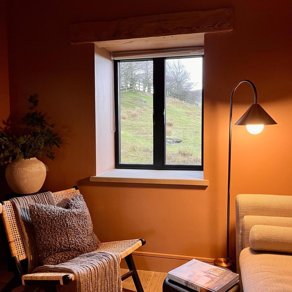 Cosy reading nook with a comfortable chair and floor lamp, beside a window framing a pastoral view, inside a room with warm-toned walls and rustic décor.