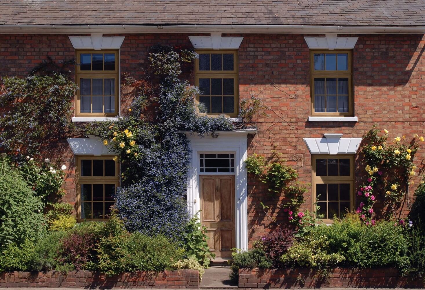 Quaint red brick cottage adorned with timber effect flush sash windows and a natural wood front door, embraced by an array of climbing blue and yellow flowers and lush greenery.