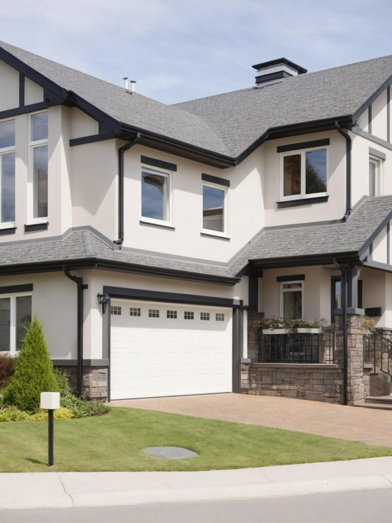 Modern two-story house with beige and stone exterior, featuring a variety of white uPVC tilt and turn windows, a double garage with cream door, and well-maintained front lawn with shrubbery and purple flowers.