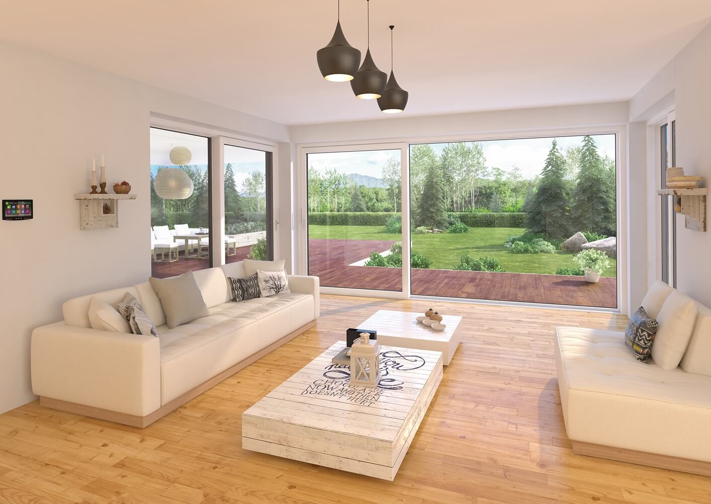 A modern and bright living room with large sliding patio doors offering a panoramic view of a lush green garden, complemented by chic minimalist furniture and natural hardwood flooring.