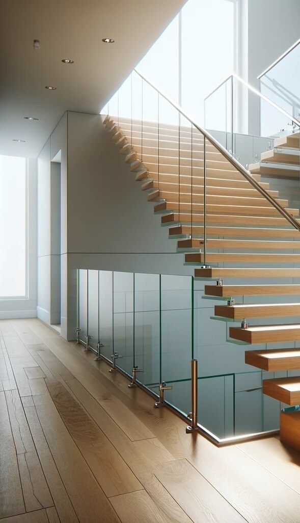 An interior view of a brightly lit modern staircase with wooden steps, featuring a continuous glass balustrade with sleek stainless steel handrails and fittings, enhancing the spacious and minimalist design of the area.
