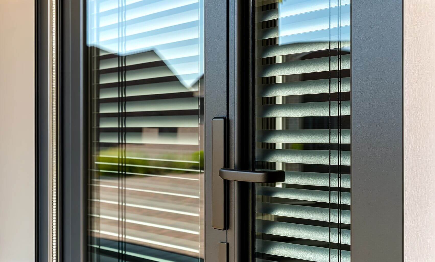 Close-up view of a contemporary door with integral Venetian blinds, showcasing a matte black handle and locking system, with partial outdoor visibility through the blinds.