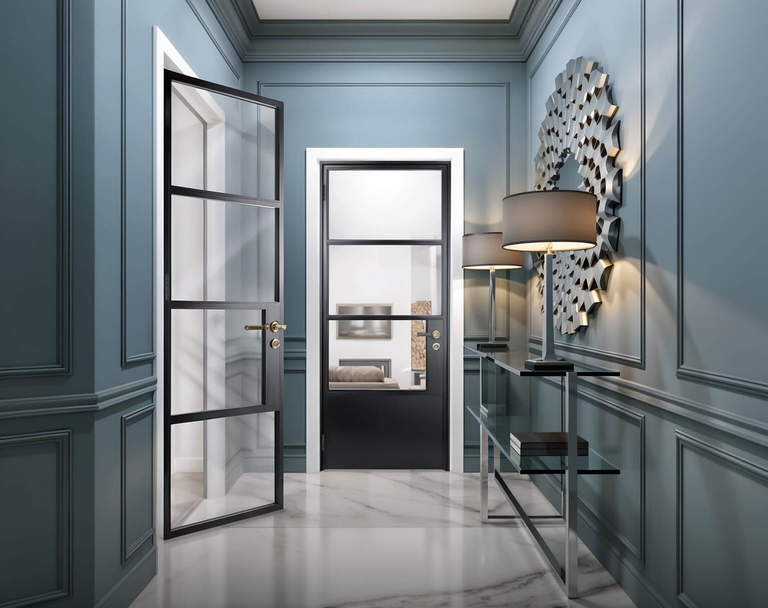 An elegant interior hallway featuring a classical design with blue paneled walls and white marble flooring. A modern black-framed glass door stands ajar, leading into a room with a glimpse of a cozy interior with soft lighting. To the right, a sleek glass console table supports a stylish table lamp, and an artistic, abstract wall sculpture adds a contemporary touch to the traditional setting.