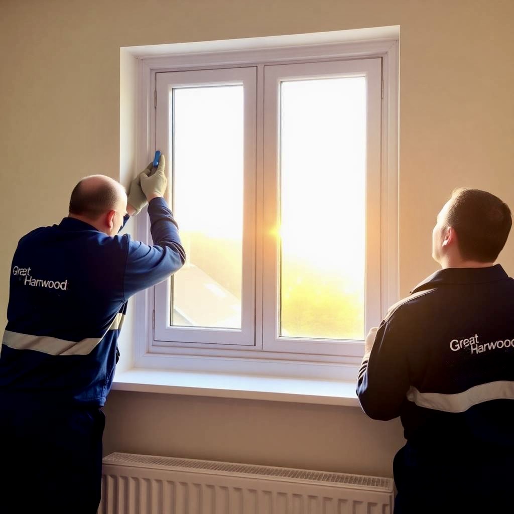 Two Great Harwood Windows installers fitting a Profile 22 Casement Window, demonstrating professional window installation and product quality.