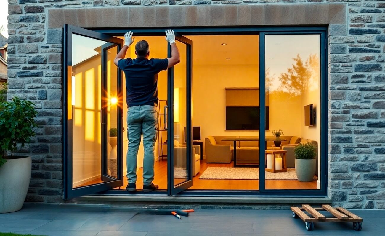 Tradesperson installing black aluminium bifold doors on a stone-built UK home at sunset.