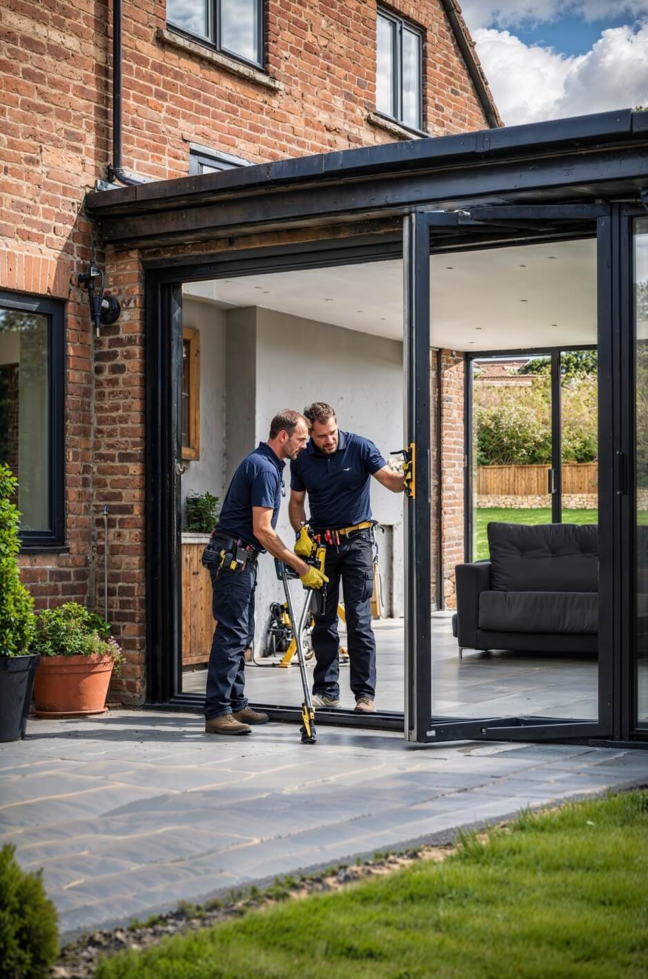 Two UK tradespeople installing aluminium bifold doors on a home extension with a brick façade.