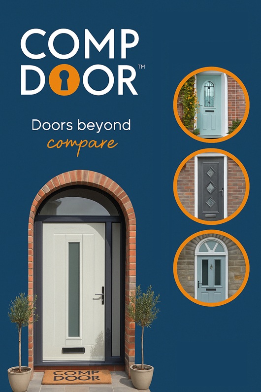 Comp Door brochure cover featuring multiple styles of composite front doors in a variety of UK home settings.