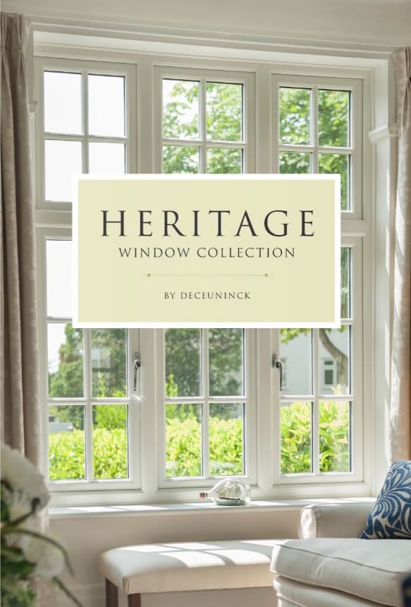 Front cover of the Heritage Window Collection brochure by Deceuninck, showing traditional white windows in a bay setting.