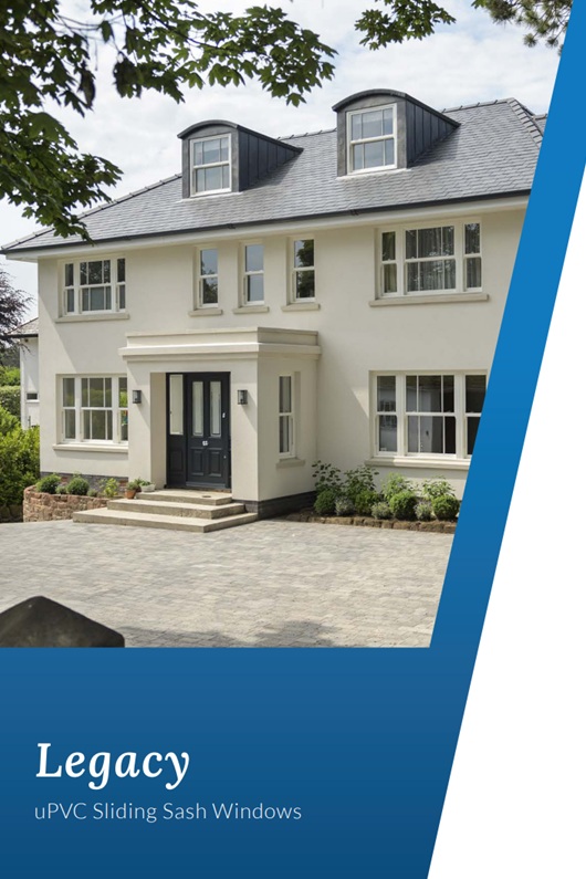 Front cover of the Legacy brochure showing a cream-coloured home with white uPVC sliding sash windows.