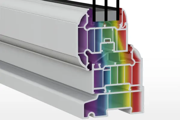 Cross-section of a multi-chambered uPVC window frame showing thermal insulation layers