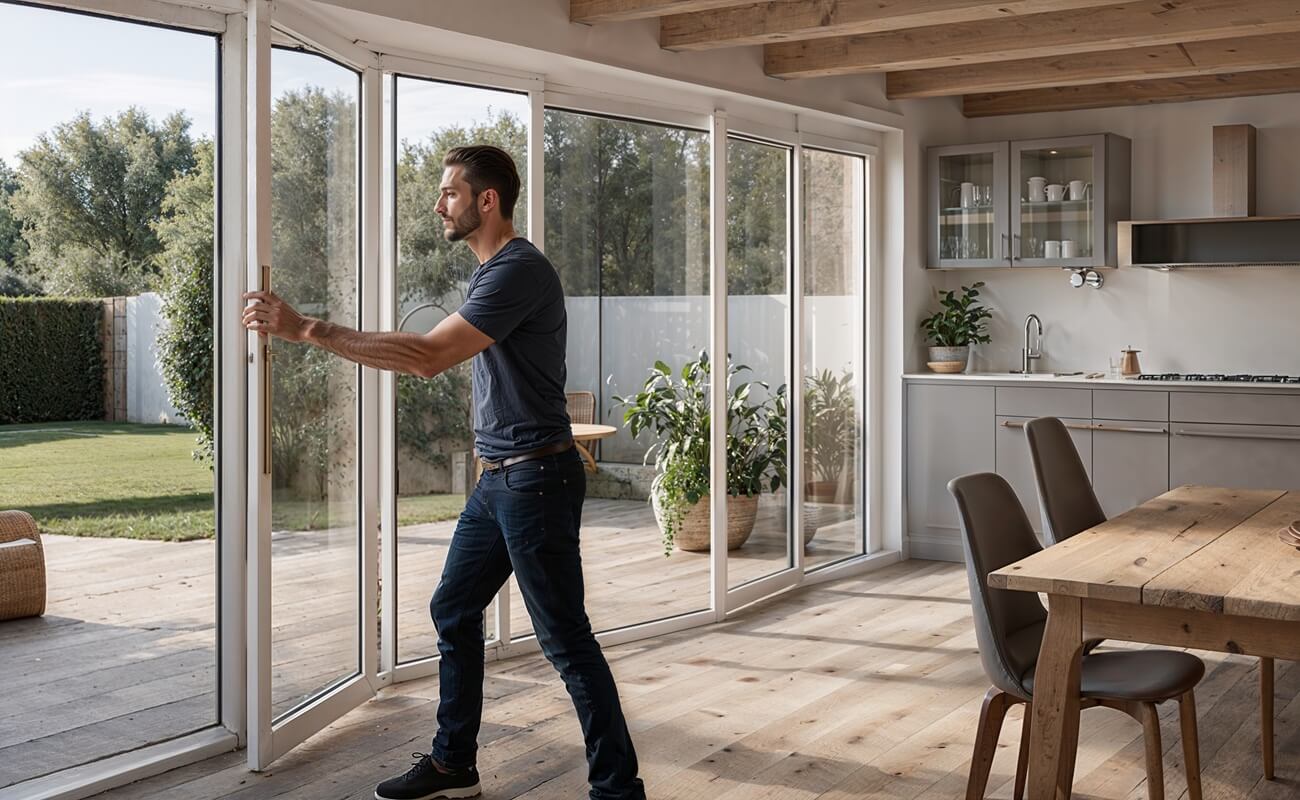 British tradesperson installing white aluminium bifold doors in a modern kitchen with garden views.